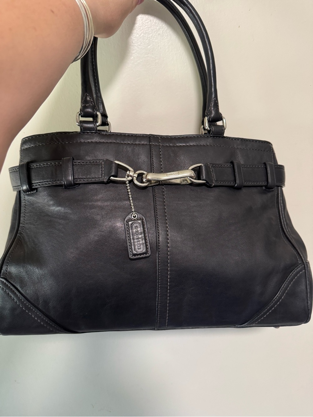 Coach Black Leather Tote with Polished Silver Hardware
